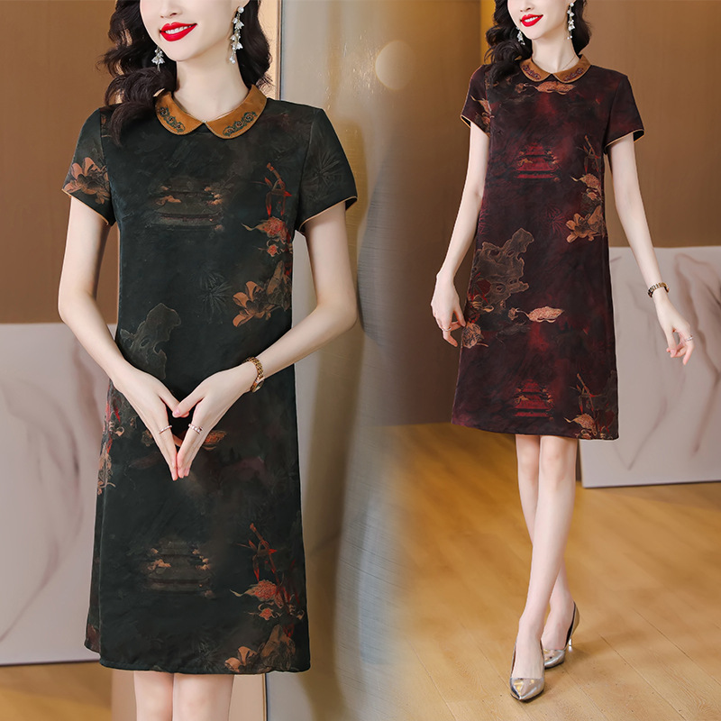 High-Quality Elegant Xiangyun Silk Dress, New Summer Style Mom's Qipao Dress, Mulberry Silk Dress