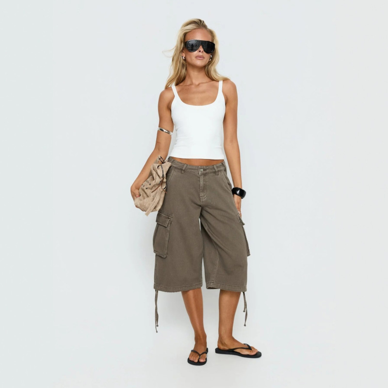 Cross-border American retro pocket pleated design camouflage work shorts, loose slimming wide-leg cropped denim pants for women