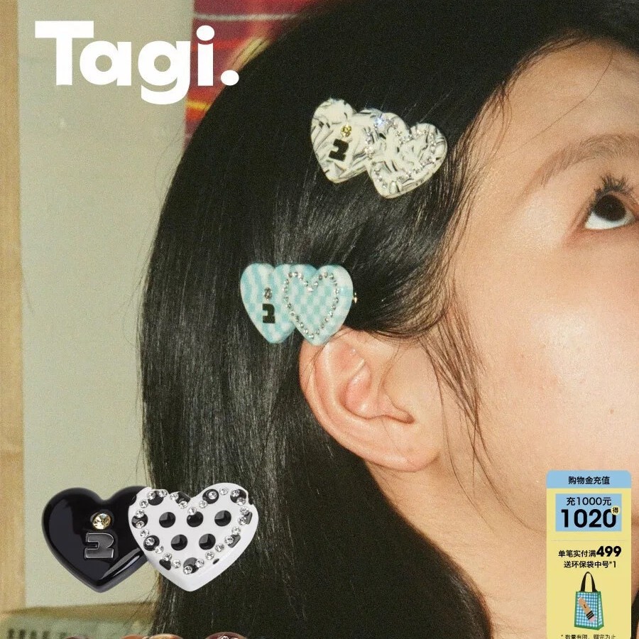 Tagi. Heart-Shaped Diamond Multi-Color Splicing Cute Hairpin Acrylic Bangs Hair Clip with Steel Stamp