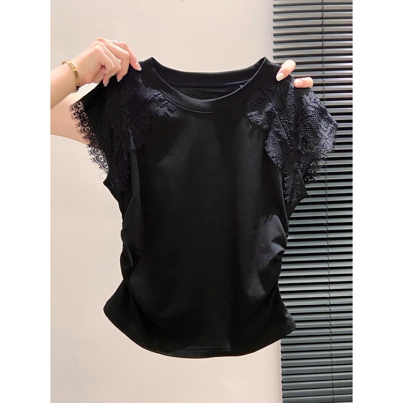 レースステッチ Tシャツレディース 2025 夏新デザインプリーツウエスト右肩ボトムストップス甘い半袖|undefined