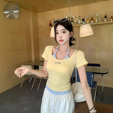多巴胺假两件正肩短袖一体杯t恤上衣辣妹显瘦内搭外穿挂脖系抹胸