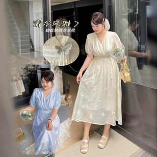 k2994大码女装2025夏季新款淡雅V领蝴蝶刺绣长款连衣裙胖妹妹裙