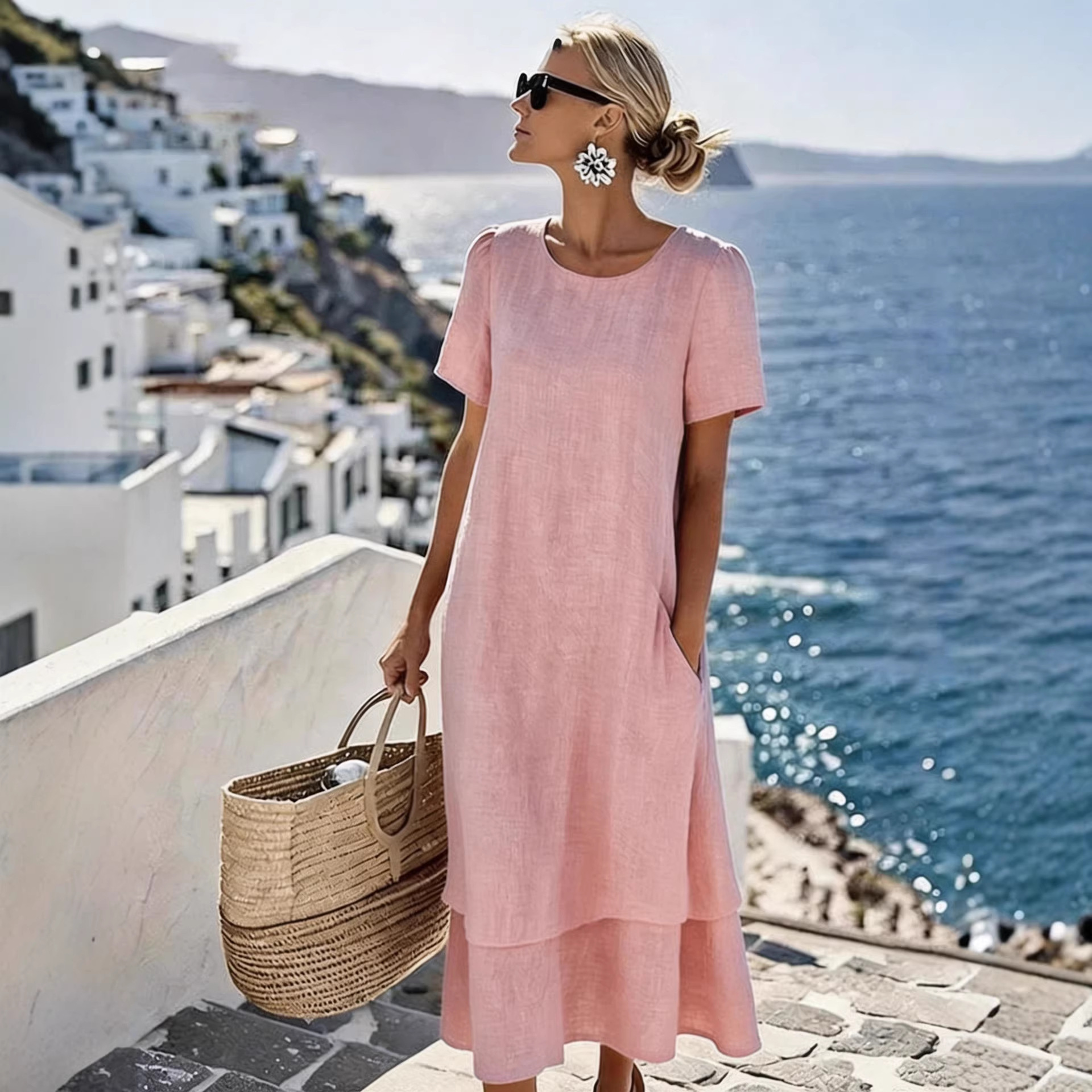 Women's Two-Layer Round Neck Short Sleeve Casual Dress For Spring Summer Vacation Daily Wear Versatile Round Neck & Short Sleeves_ecoleips.com