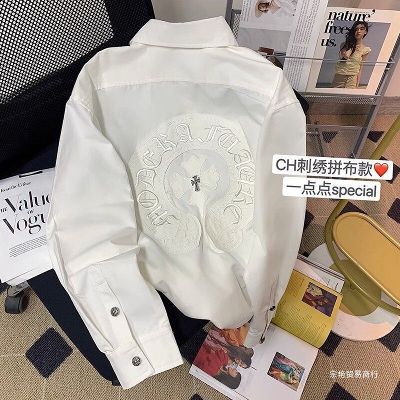 Unique Design Heavy-Duty Sanskrit Embroidery White Long-Sleeve Shirt High-End Loose Shirt Versatile Jacket Top Trendy