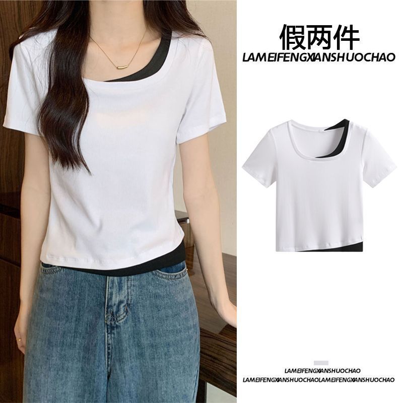 Camiseta de manga corta para mujer verano 2024 falso diseño de nicho de dos piezas, todo fósforo, estilo puro, delgado, top corto, delgado, delgado