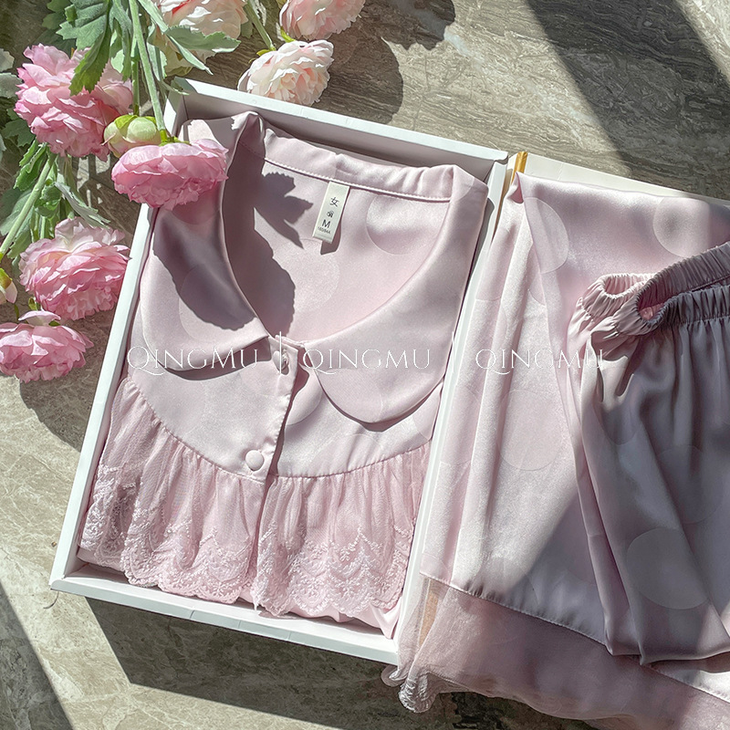 2024 spring and autumn girl style cute doll collar long-sleeved pajamas suit ice silk satin outerwear women's homewear 2024 spring and autumn girl style cute doll collar long-sleeved pajamas suit ice silk satin outerwear women's homewear