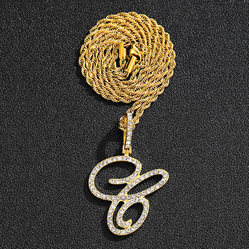 New Style European and American Hip-Hop Script Cursive Letter Pendant Gourd Buckle Cuban Chain Necklace Jewelry Letter Pendant Wholesale