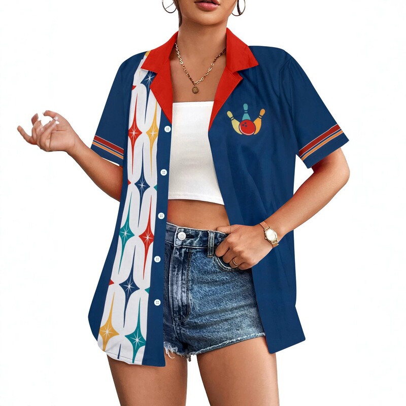 Navy Blue Bowling Print Lapel Short-Sleeved Cardigan Shirt Retro Casual Top for Women