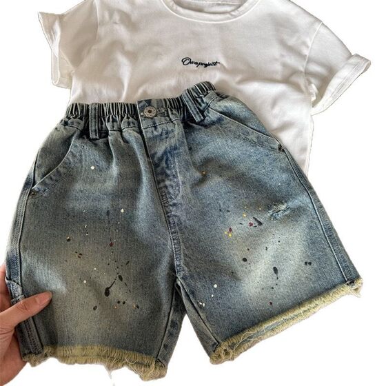 Children's Denim Shorts New Summer Boys and Girls Splash Ink Pants Old Korean Baby Rapped Trendy Pants