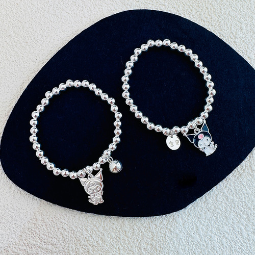 S925 Pure Silver Kuromi Necklace Round Bead Bracelet DIY Engraving Cute Cartoon Children's Accessory Necklace Set