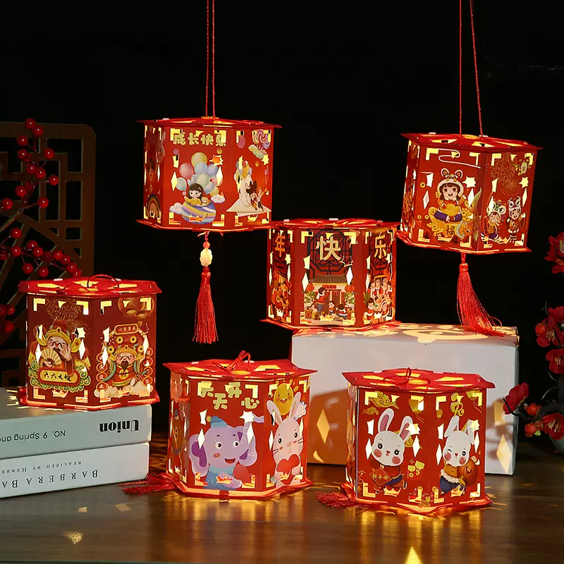 发光投影走马灯元旦春节新年元宵兔子亲子手工DIY手提灯笼杆送灯