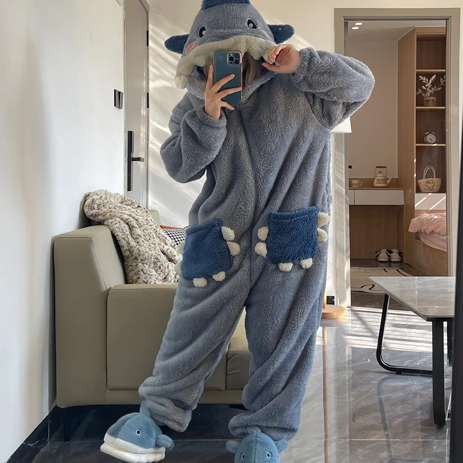 Cartoon Cute Shark Coral Velvet Long-Sleeved One-Piece Pajamas for Women Winter New Style Fleece-Lined Thickeneded Warm Home Pajamas