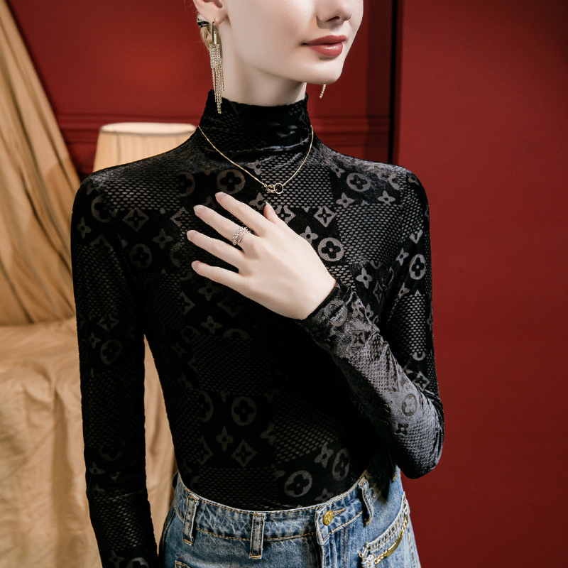 Camisa de fondo de terciopelo Jacquard de cuello alto para mujer slim fit 2023 otoño nuevo color sólido ropa interior Otoño e Invierno Camiseta de manga larga image 2