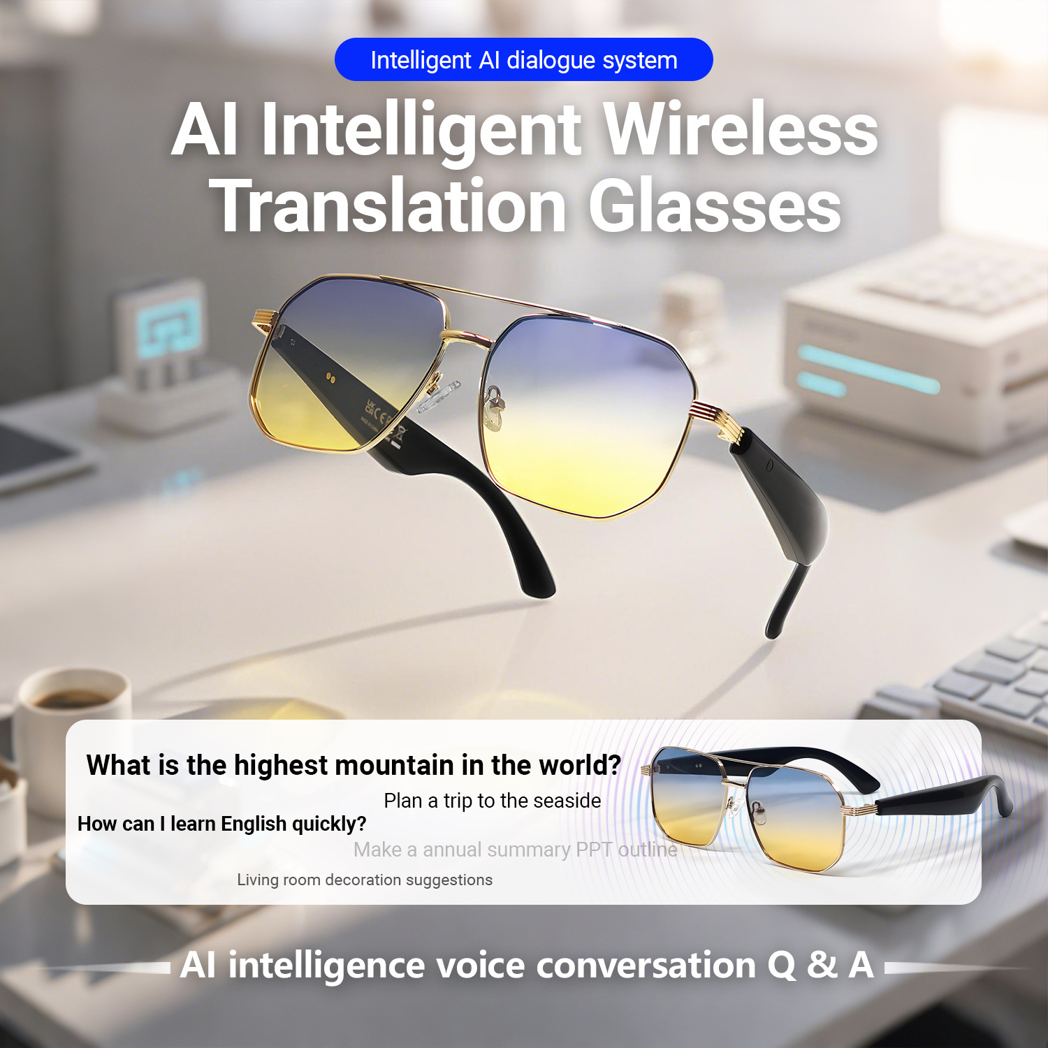Cross-Border Ai Smart Translation Bluetooth Glasses Trendy Sunglasses 100+ Languages Real-Time Translation Listening Music Sunglasses