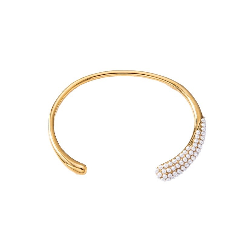 Pulsera de acero titanio, pulsera abierta de perlas y diamantes multicapa para mujer, sensación de alta gama, moda transfronteriza, pulsera de lujo ligero de 18k