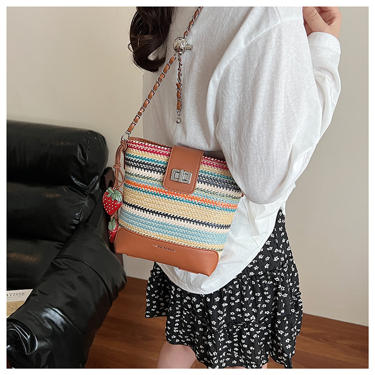 Seaside vacation beach rainbow woven bag for women 2025 Summer New style fashionable, simple, casual and high-quality single-shoulder bucket bag undefined