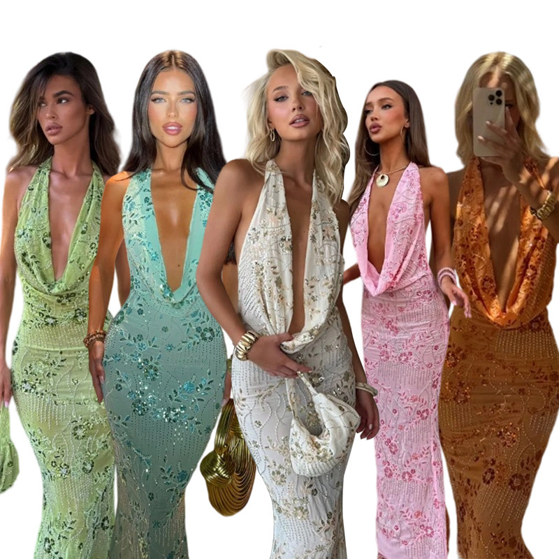 European and American Style Personalized Sequined Sleeveless Elegant Halter Neck Dress 2025, Beaded V-Neck Backless Long Dress