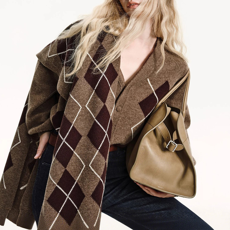 Renaissance Autumn Women's Plaid Wool Miu-Style Knitted Sweater V-Neck Cardigan Shawl Set Loose Fit