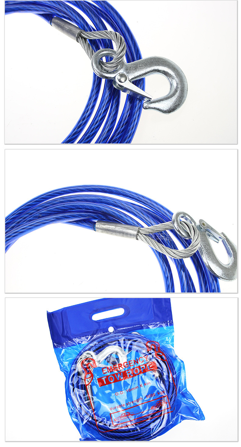 Car Steel Wire Tow Rope with Rubber-Coated Clamp Lock Buckle, Emergency Rescue Towing Rope, 4.5m Ton, 5.7m Ton Factory