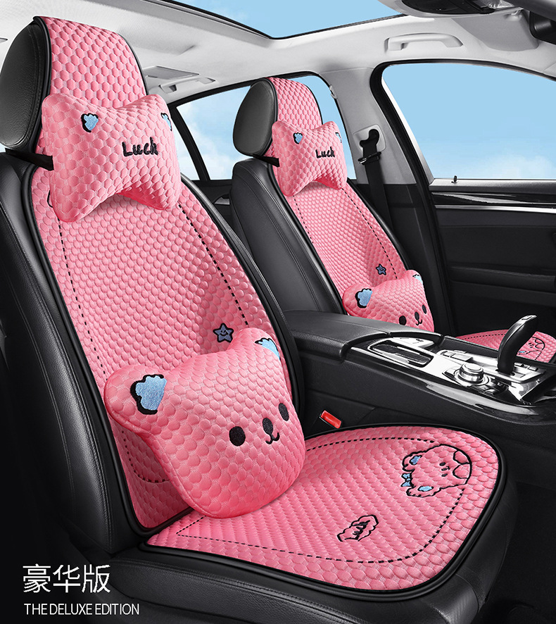 Cartoon Ice Silk Car Cushion Four Seasons Universal Breathable Half Pack Seat Cover Cute Female Car Interior Single Piece Cool Car Cushion