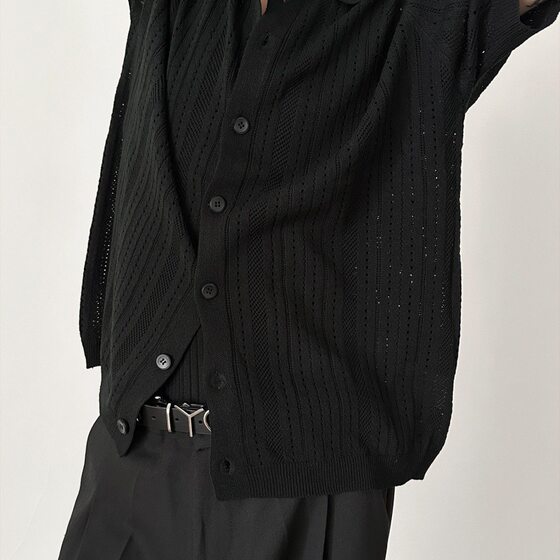American Style Retro Hollow Lapel Short-sleeved Knitwear Men's and Women's Fashionable Loose Lazy Lace Shirt Cardigan Top Trendy