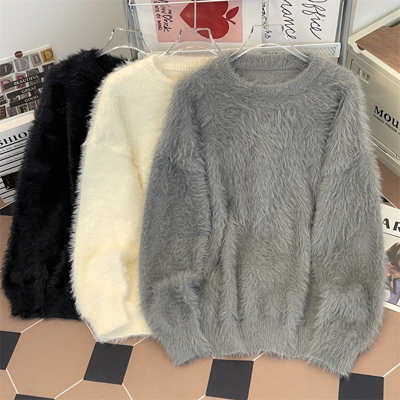 Demi-season solid color Japanese knitted sweater with a round collar