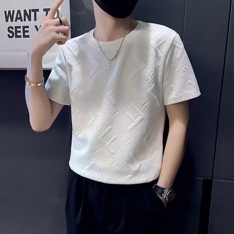 新しいジャカード半袖Tシャツメンズ2025夏トレンディハンサムイン多用途ルーズテクスチャードラウンドネックハーフスリーブ|undefined