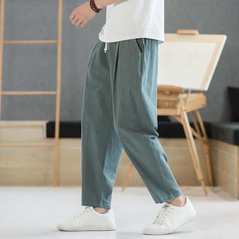 Pantalones, pantalones casuales para hombre, pantalones de lino finos de primavera y otoño, pantalones anchos sueltos rectos, pantalones deportivos de algodón y lino de verano