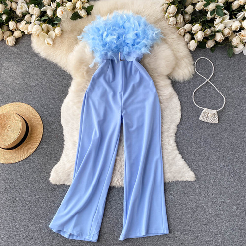 High-end niche design furry tube top jumpsuit women's summer new loose wide-leg straight trousers