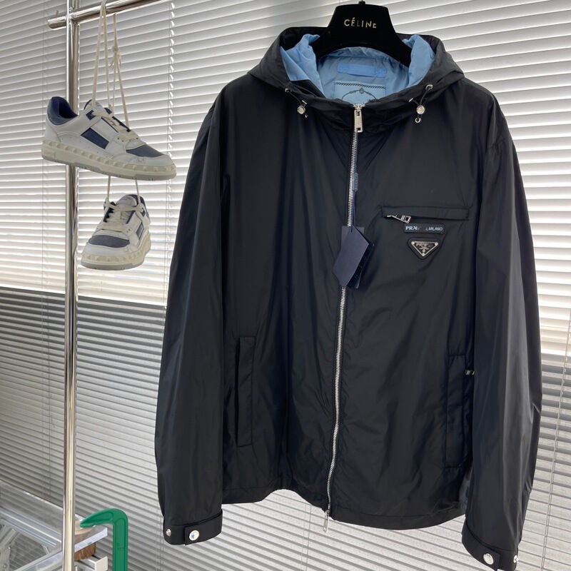 2024 New Men's Hooded Jacket Prada Triangle Logo Casual Jacket Men's Korean Style Loose Windproof Jacket