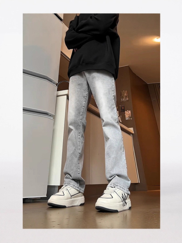 美式高街弯刀软牛仔裤男秋季修身弹力直筒裤子显腿长微喇裤|undefined