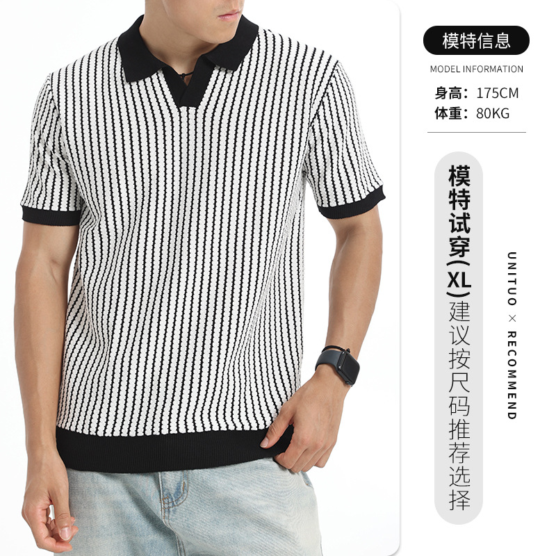 Camisas de polo de punto a rayas verticales de verano hombre ligero viento collar de collar de manga corta chaqueta de negocios casual al por mayor transfronteriza