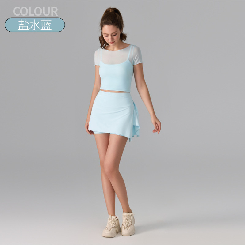 Cross-border Naked Sports Yoga suit Mesh Integrated Cup Bra Antibacterial Fitness Clothing Mesh Golf Skirt