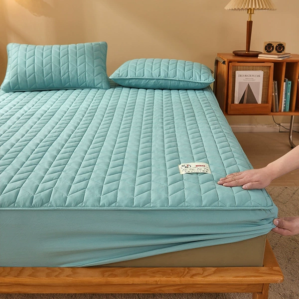 Raw cotton soybean fitted sheet: herringbone pattern-aqua blue