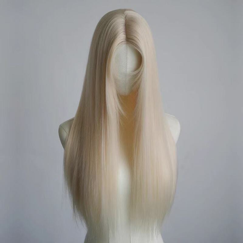 Wig for Women, Platinum Blonde Lace Front Wig, Middle-Parted Golden Long Straight Hair, Full Head Wig for Daily Use