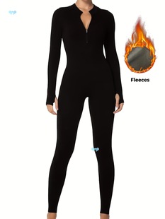 Winter Warm Lined Fleece Long Sleeve Jumpsuit Sexy Mock Cross-Border