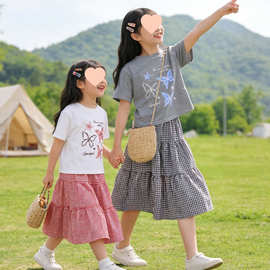 新款女童夏季棉上衣套装女孩中大童时尚短袖半身裙时髦两件套12