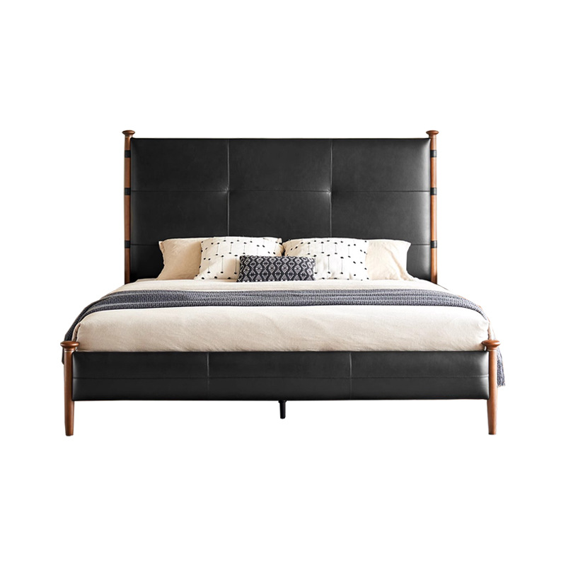 Cama de sicomoro cama de cuero cama principal retro francés primera capa de cuero de vaca madera maciza de lujo ligero cama doble de 1,8*2 m cama de madera maciza