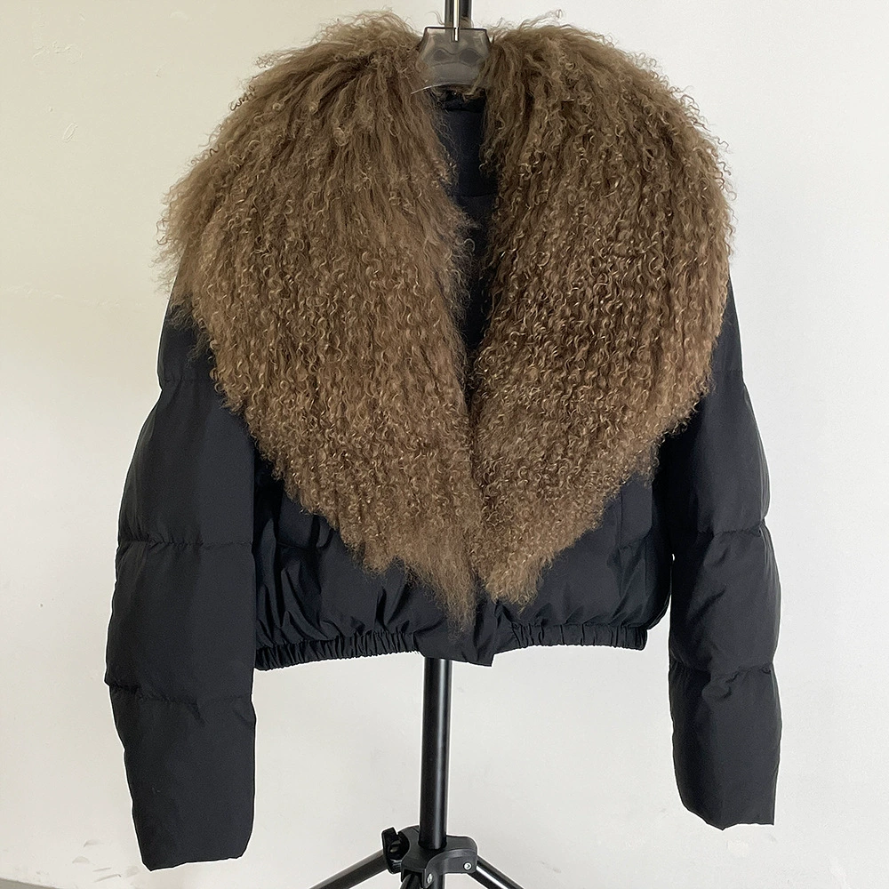 Down jacket Elite, velvet‑woolen shell, white duck down fill, detachable lamb‑wool collar
