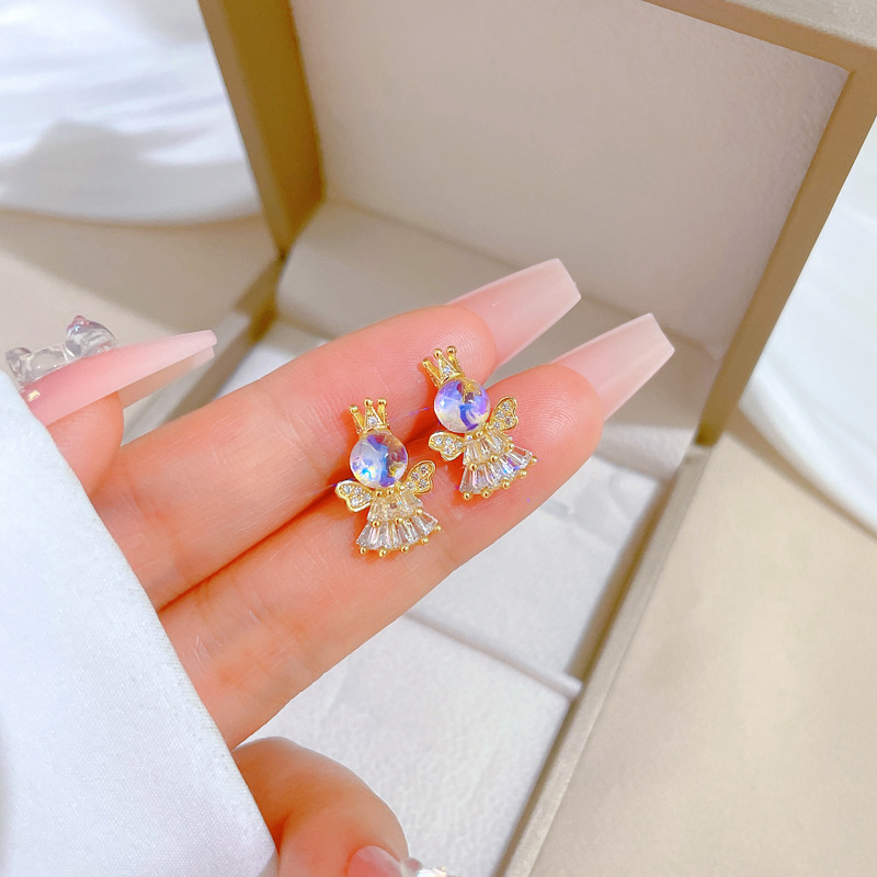 Golden Plated Plating Material Golden Plated 304 Stainless Steel Electroplating Zircon Angel Luxurious Earrings Necklace For Women'S