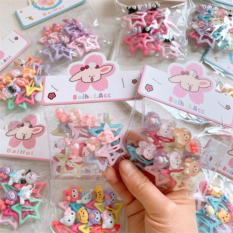 Set of Cute Cartoon Animal Hair Clips for Girls, Colored Five-Pointed Stars, Fringe Clips, Barrettes