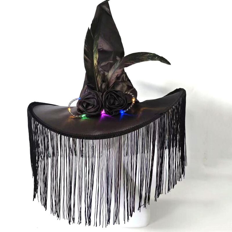 新しいハロウィーンのしわのフリンジの魔女の帽子のパーティーの魔女の帽子の黒色は明かりの魔女の帽子の化粧の道具を持ちます。|undefined