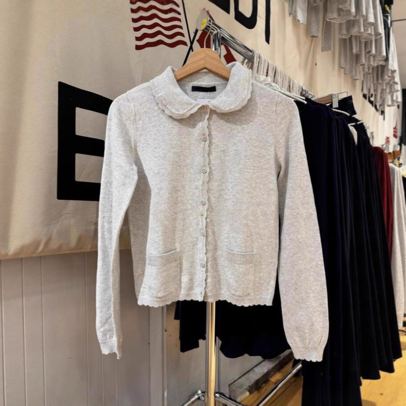 Bm New Doll Collar Lace Single-Breasted Knitted Cardigan Bm Autum Versatile Korean Style Slim Fit Versatile Long-Sleeved Top