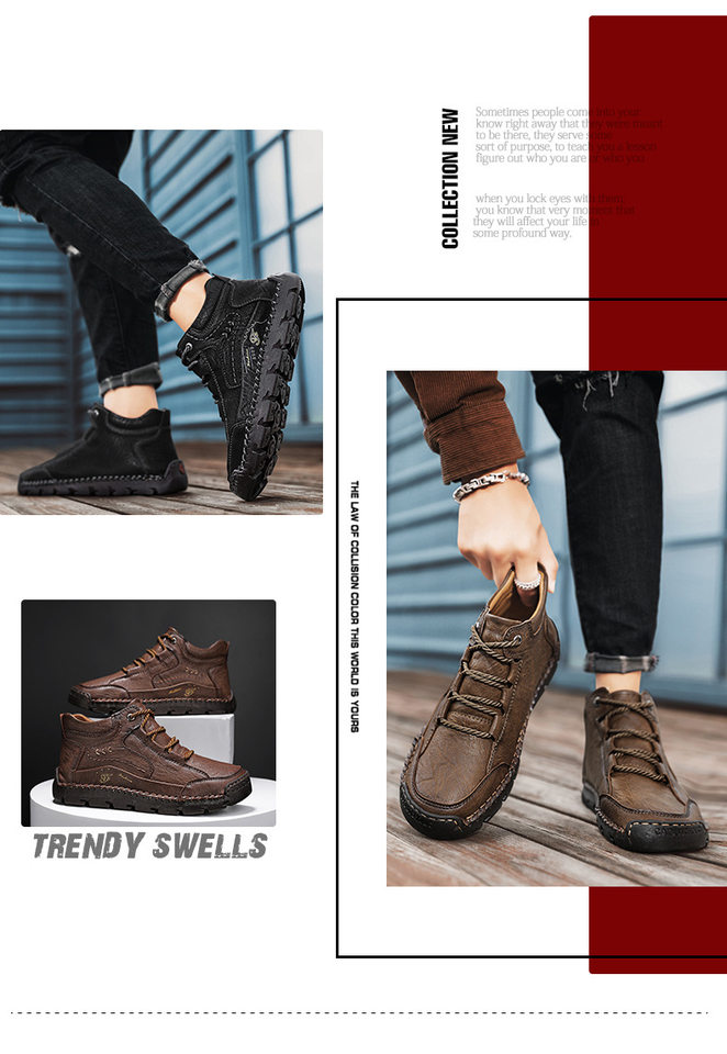 Bốt da nam cổ trung đế bằng buộc dây đường may thủ công — 9502 màu kaki, 9502 màu kaki lót lông, 9502 màu nâu sẫm lót lông, 9502 màu đen chi tiết 2