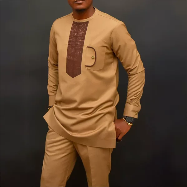 Traditional Foreign Trade African Style Men's Wedding New Suit 2-Piece Set Round Neck Long Sleeve Top and Pants Foreign Trade