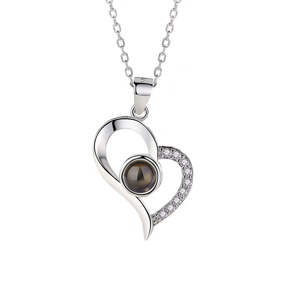 S925 pure silver 100 languages I love you Projection necklace Female hollow heart simple necklace Memory collarbone chain