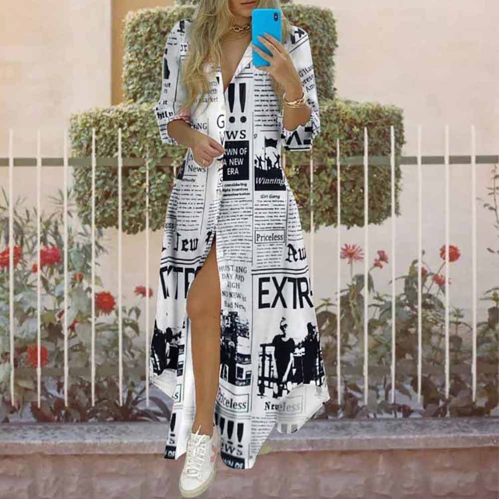 امرأة فستان عادي عطلة رقبة على شكل V كم طويل طباعة شريط اوراق اشجار فستان طويل ماكسي اليومي شاطئ بحر display picture 1