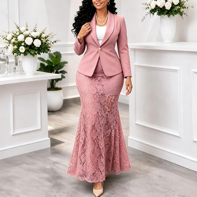 D3385 European and American plus-size fitted waist blazer and lace fishtail skirt two-piece set cross-border outfit