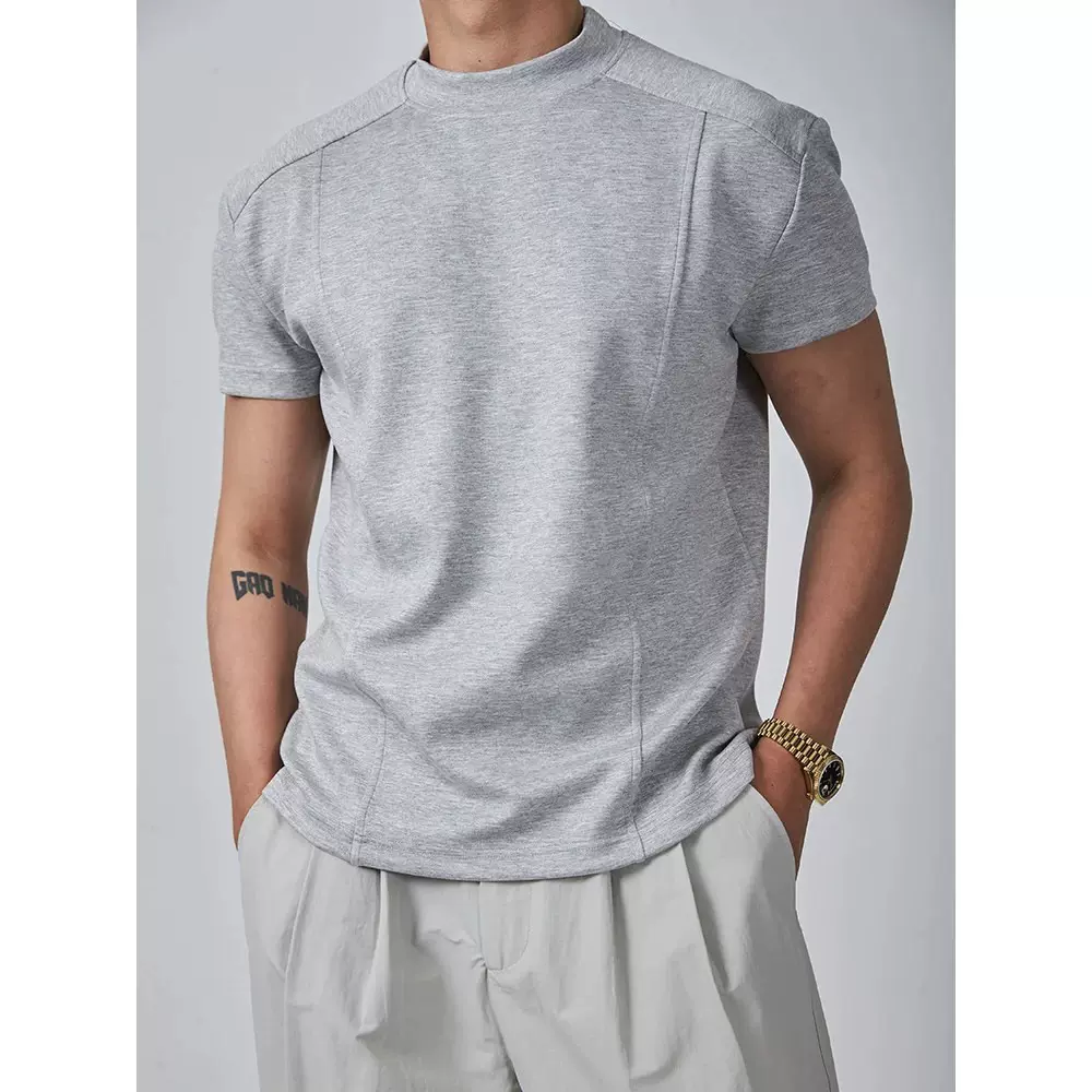 灰色正肩短袖男夏季美式重磅小领口穿搭半袖cleanfit宽松潮流t恤