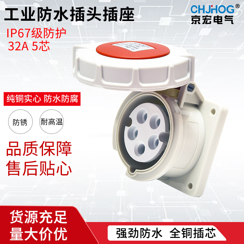 Industrial Socket Concealed Installation 32A 5-Pin Three-Phase Five-Wire Ip67 Waterproof European Standard Straight Plug Waterproof Plug Jh3252